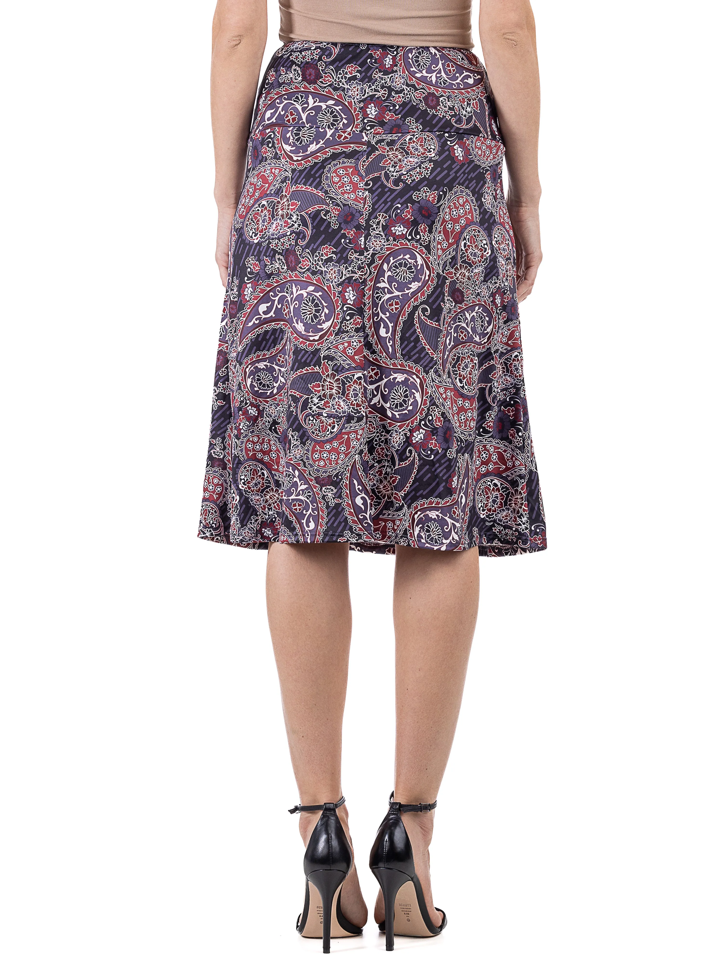 Grey Paisley Elastic Waist Knee Length Skirt
