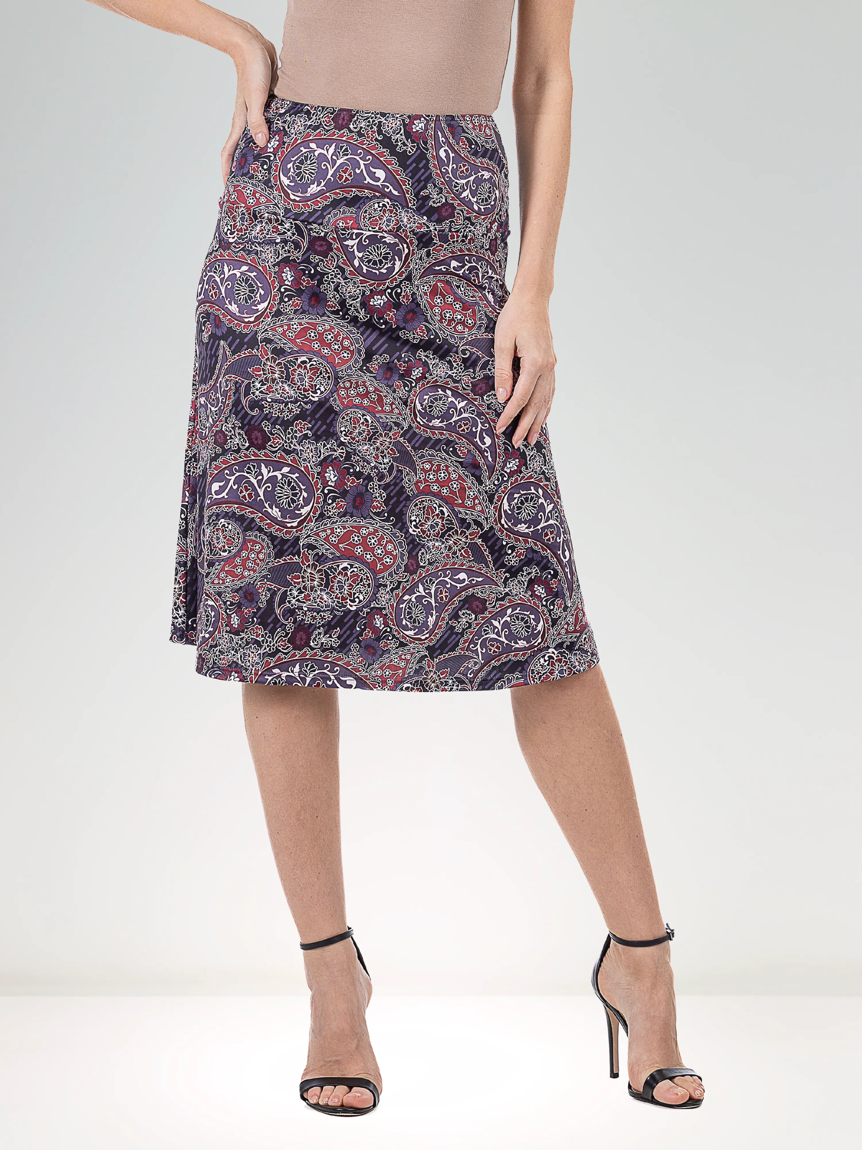 Grey Paisley Elastic Waist Knee Length Skirt
