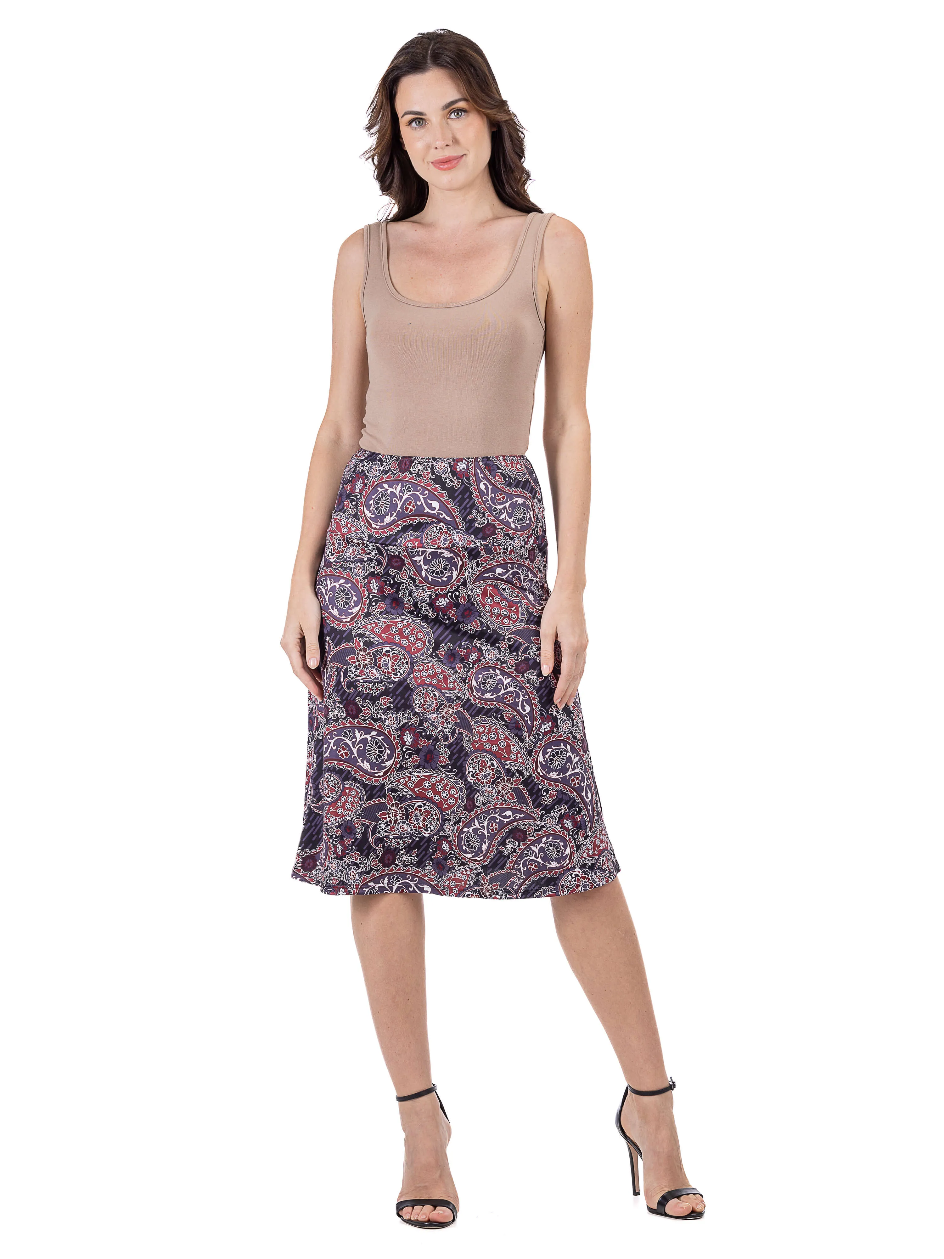 Grey Paisley Elastic Waist Knee Length Skirt