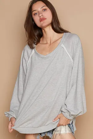 Heather Grey Back Cross Strap Details Balloon Sleeve Sweatshirt POL Top