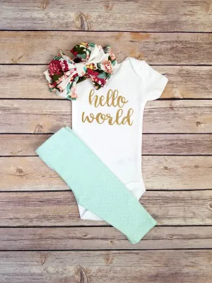 Hello World Newborn Outfit Fuchsia Mint Gold Hello World Newborn Coming Home Outfit Girl