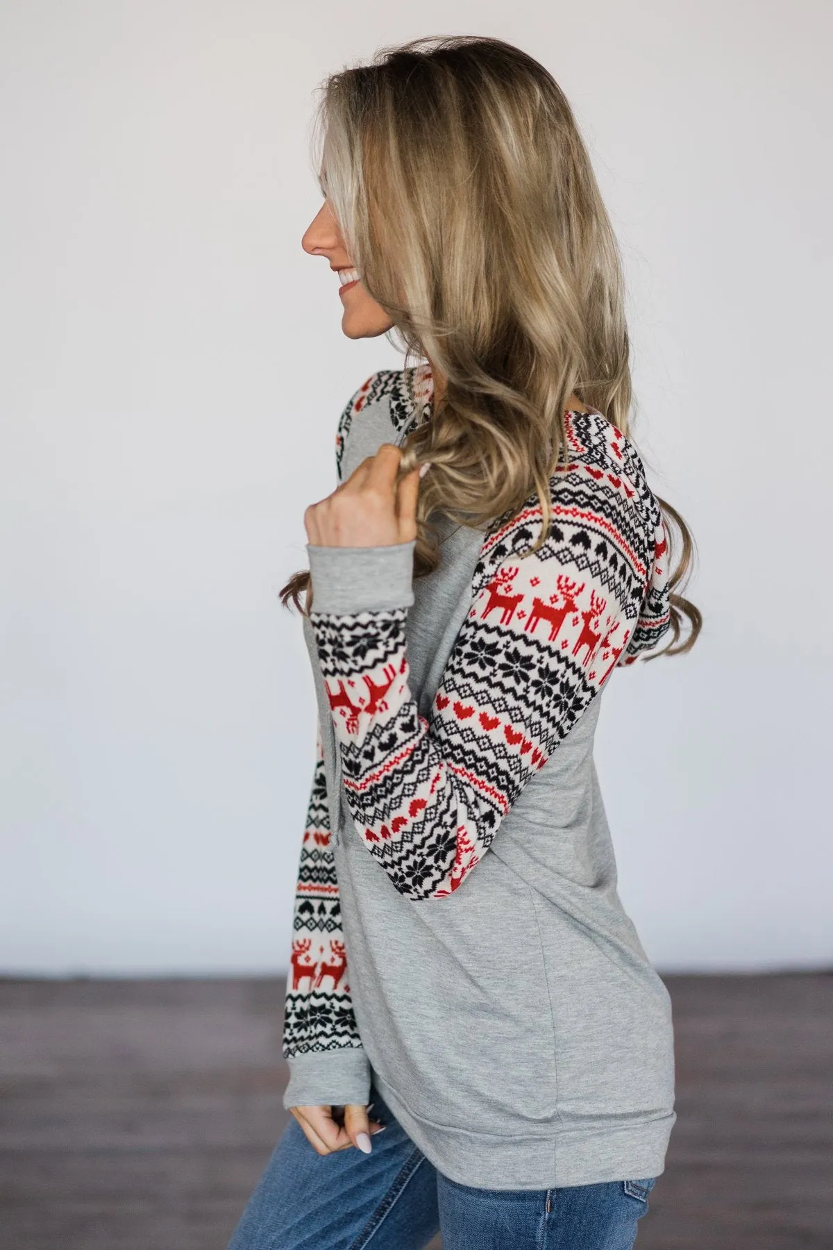 Here Comes Santa Reindeer Hoodie - Grey