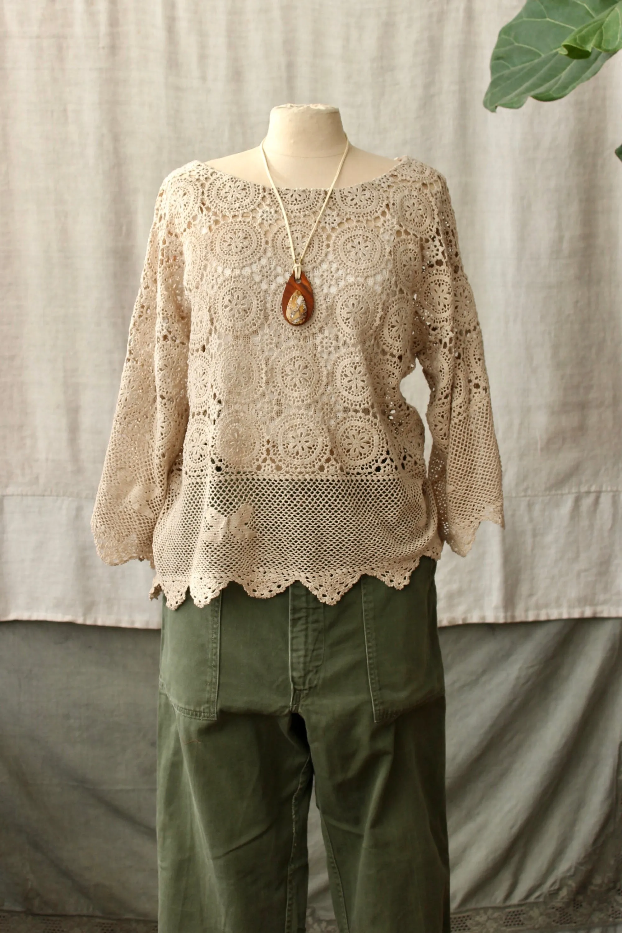 HF171 The Highlands Foundry Tan Heirloom Crochet Top
