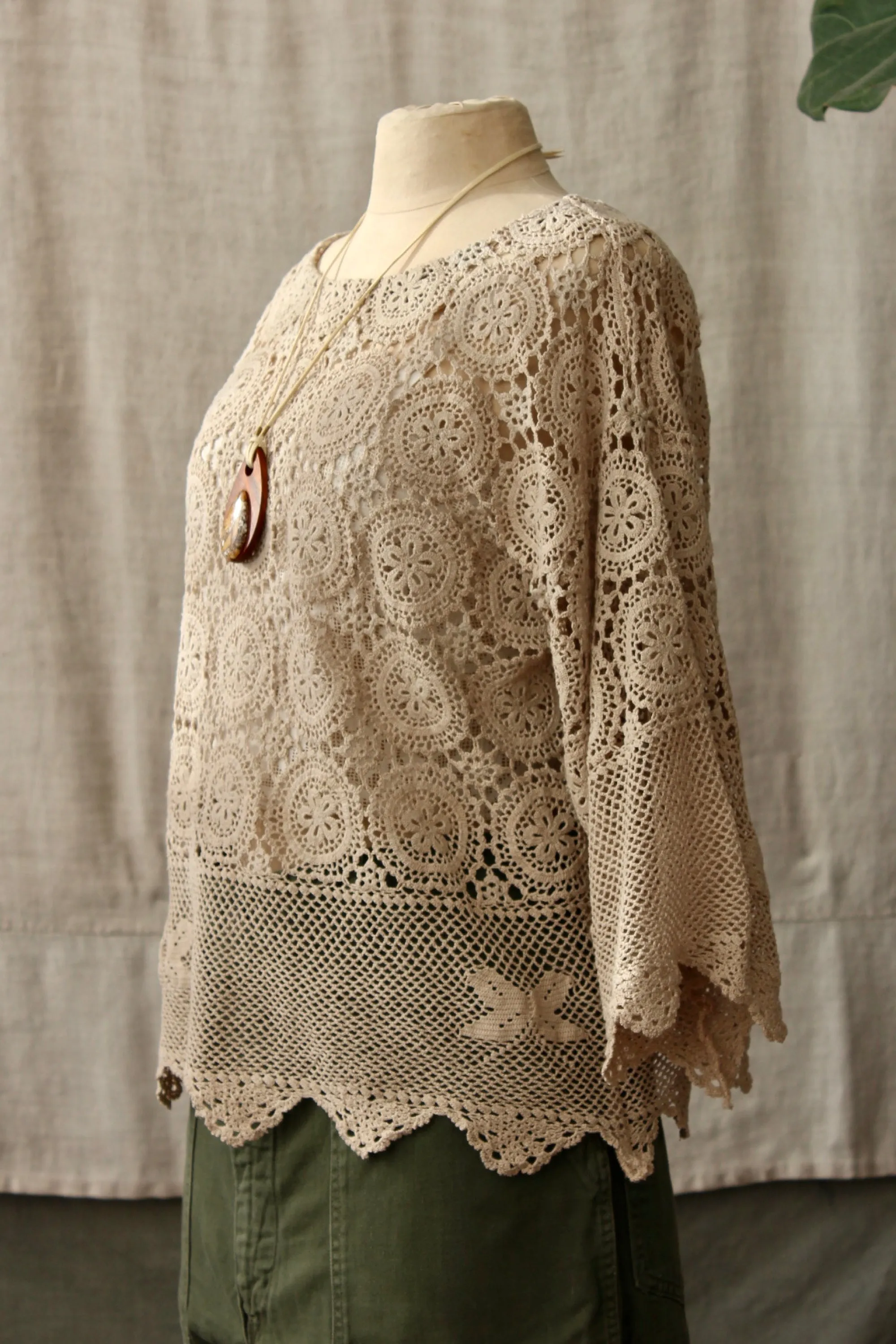 HF171 The Highlands Foundry Tan Heirloom Crochet Top