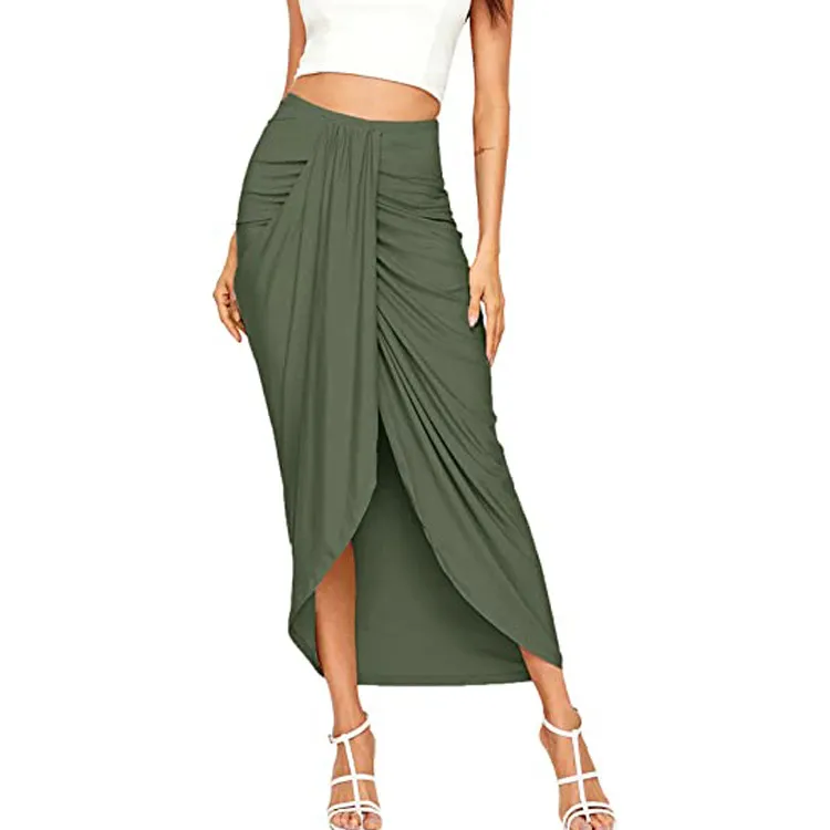 High Waist Asymmetrical Wrap Skirt with Elastic Waist in Milk Fiber/Polyester - Flattering Midi Length