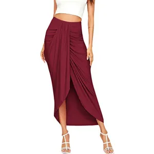 High Waist Asymmetrical Wrap Skirt with Elastic Waist in Milk Fiber/Polyester - Flattering Midi Length