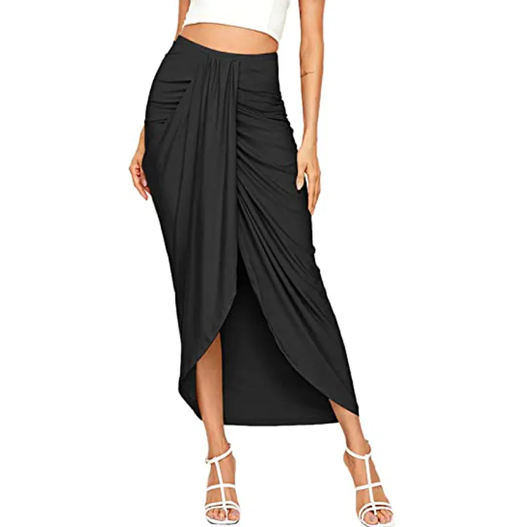 High Waist Asymmetrical Wrap Skirt with Elastic Waist in Milk Fiber/Polyester - Flattering Midi Length