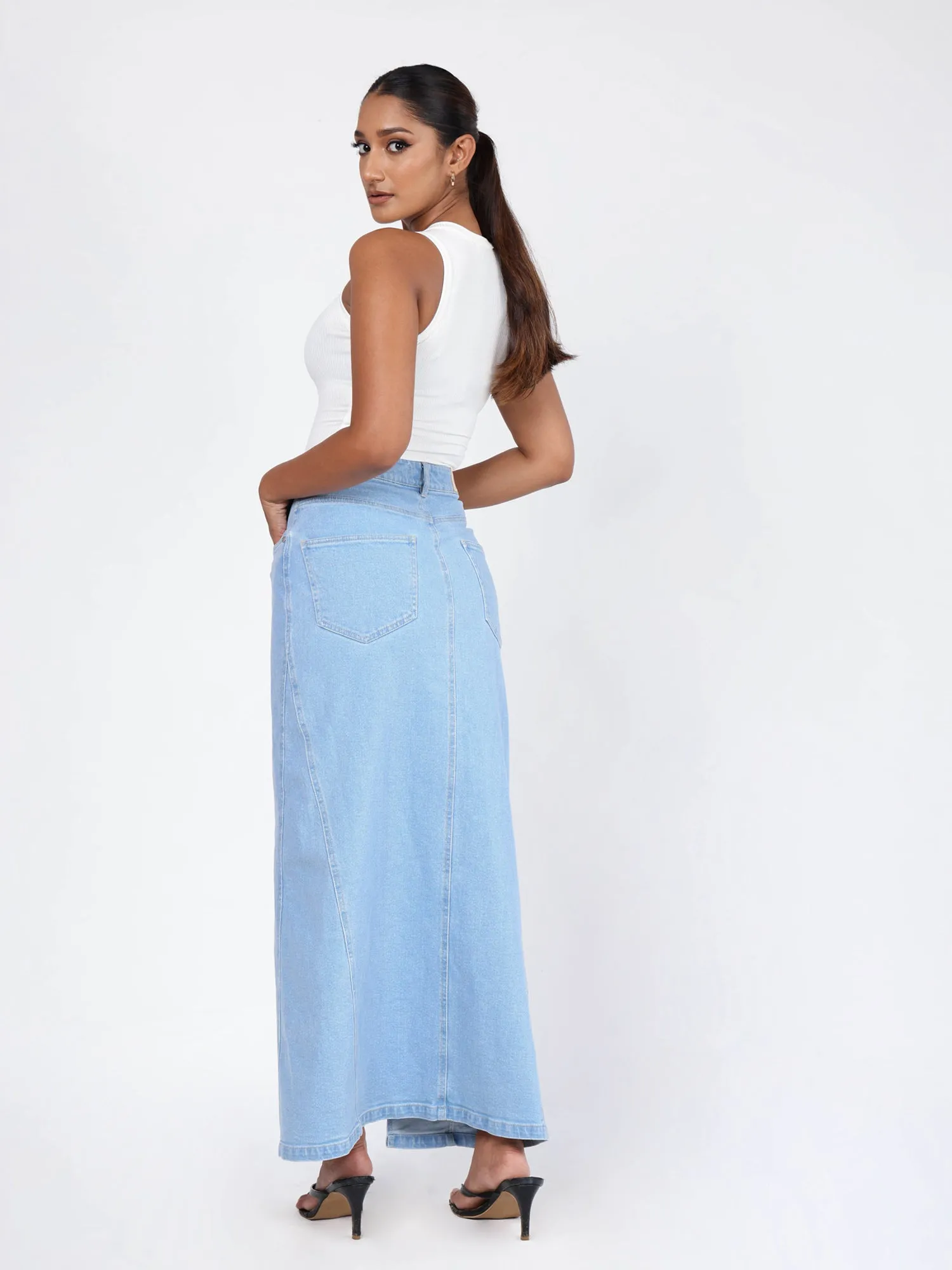 High Waist Denim Front Slit Maxi Skirt