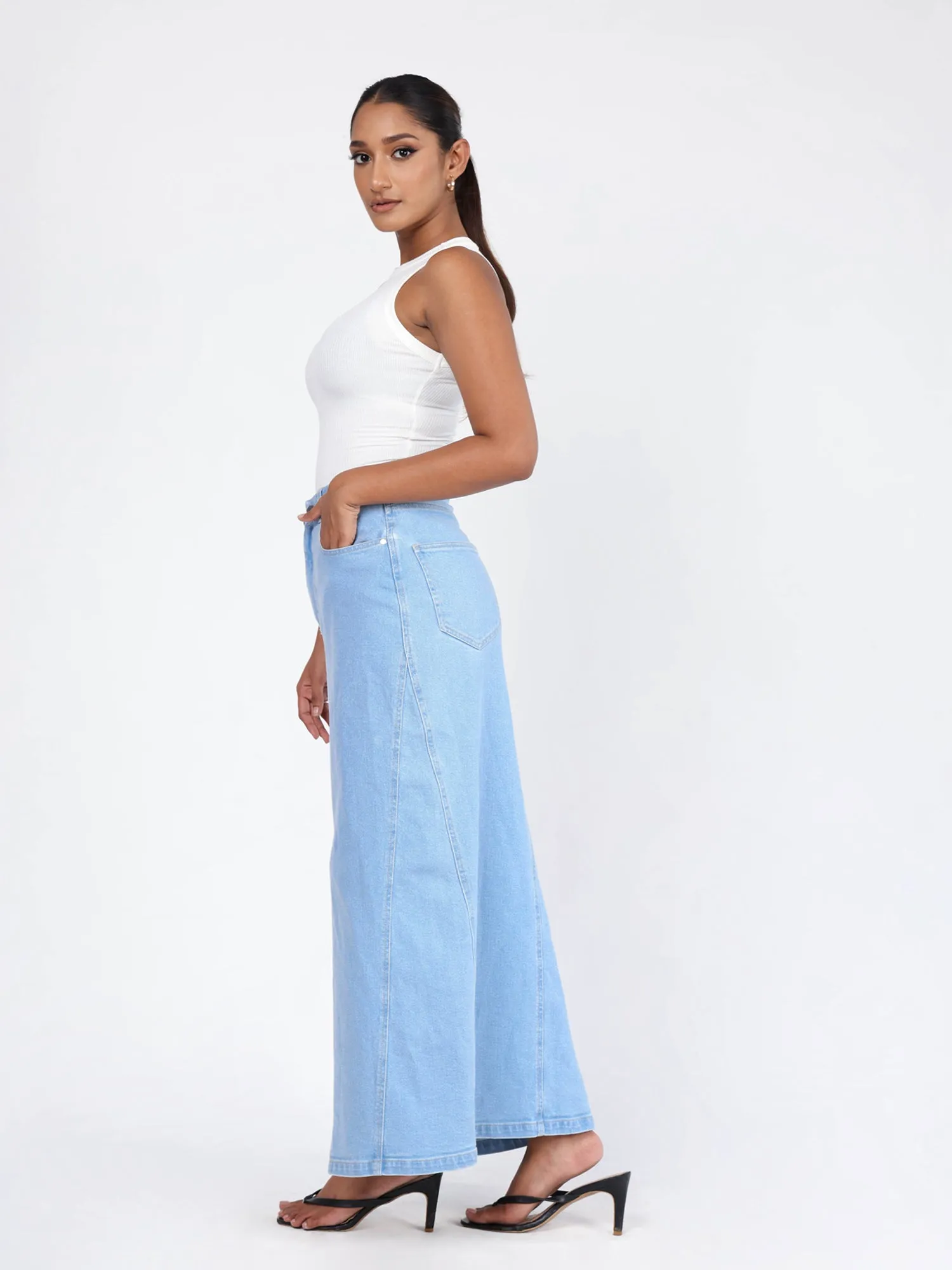 High Waist Denim Front Slit Maxi Skirt