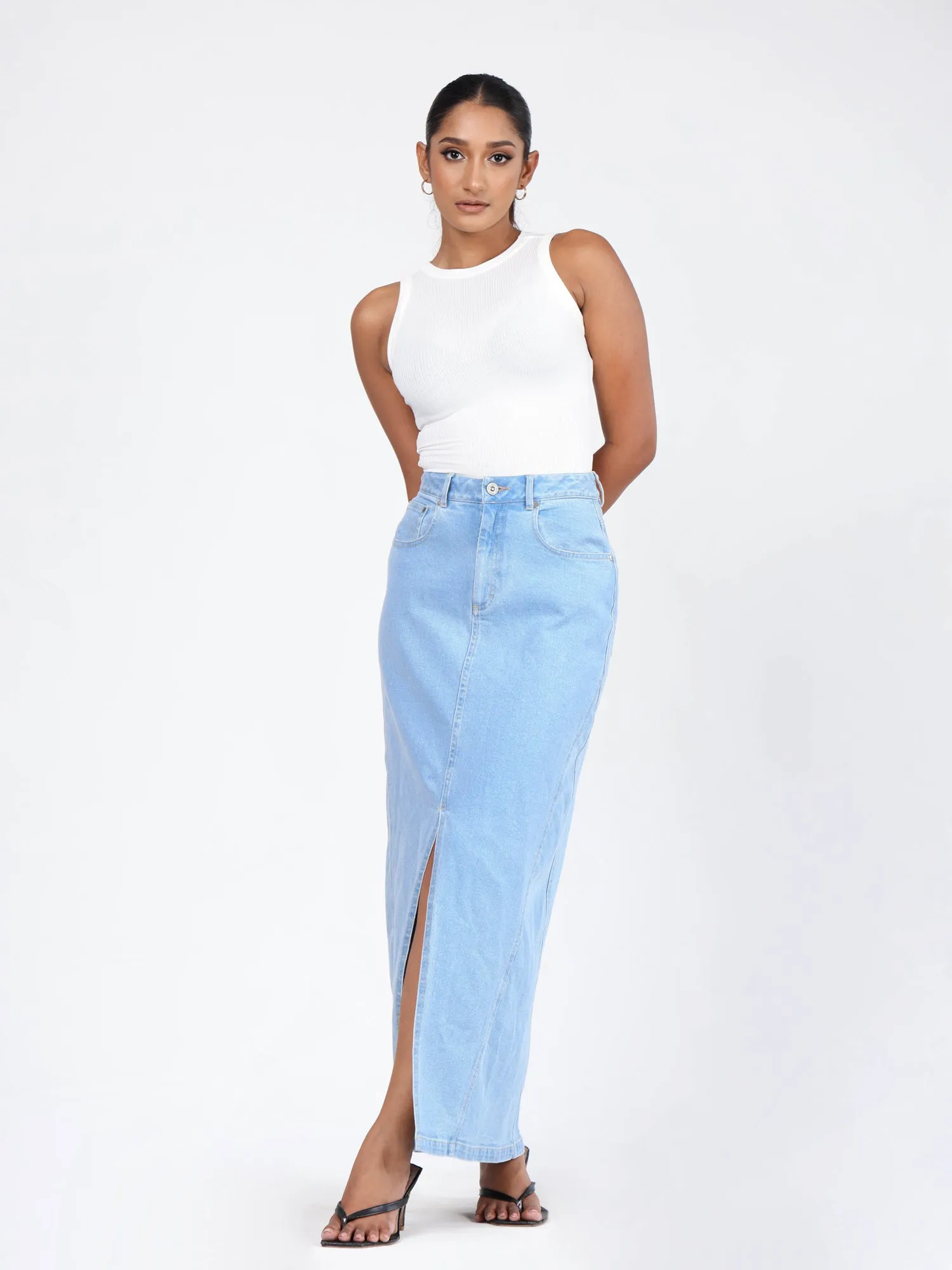 High Waist Denim Front Slit Maxi Skirt