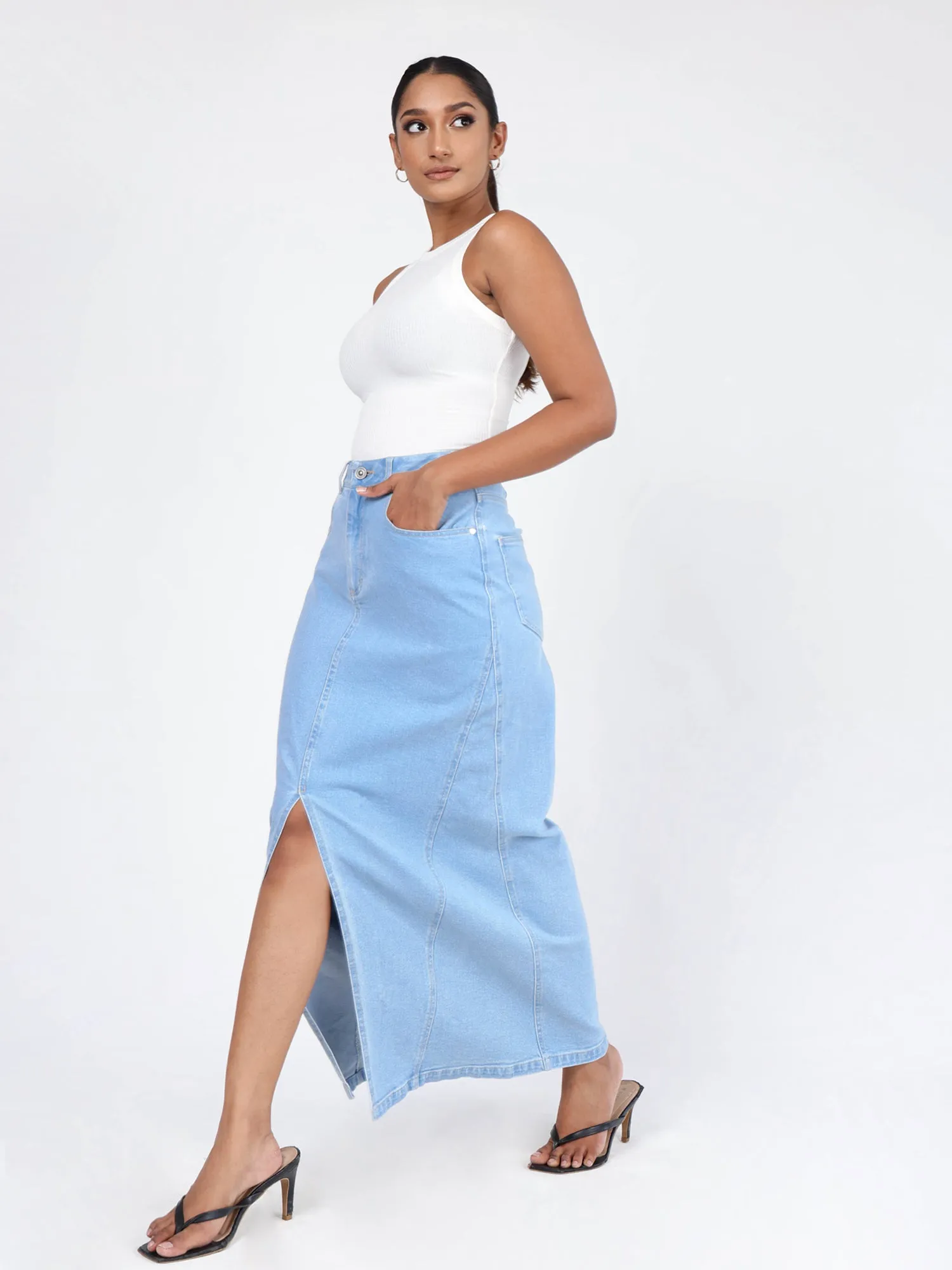 High Waist Denim Front Slit Maxi Skirt
