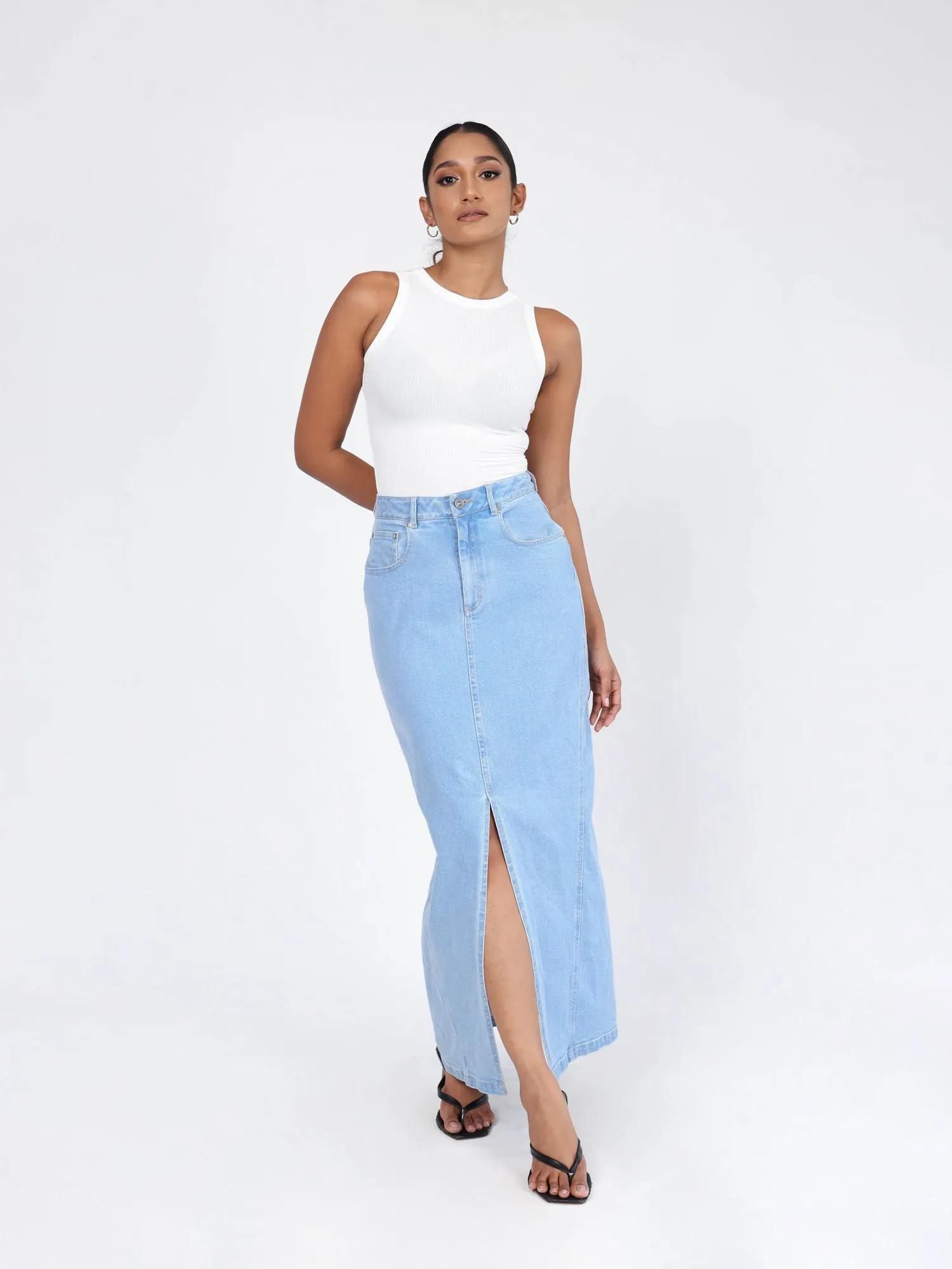 High Waist Denim Front Slit Maxi Skirt