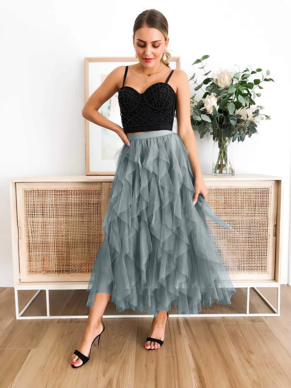 High Waist Maxi Skirt with Layered Mesh Lace