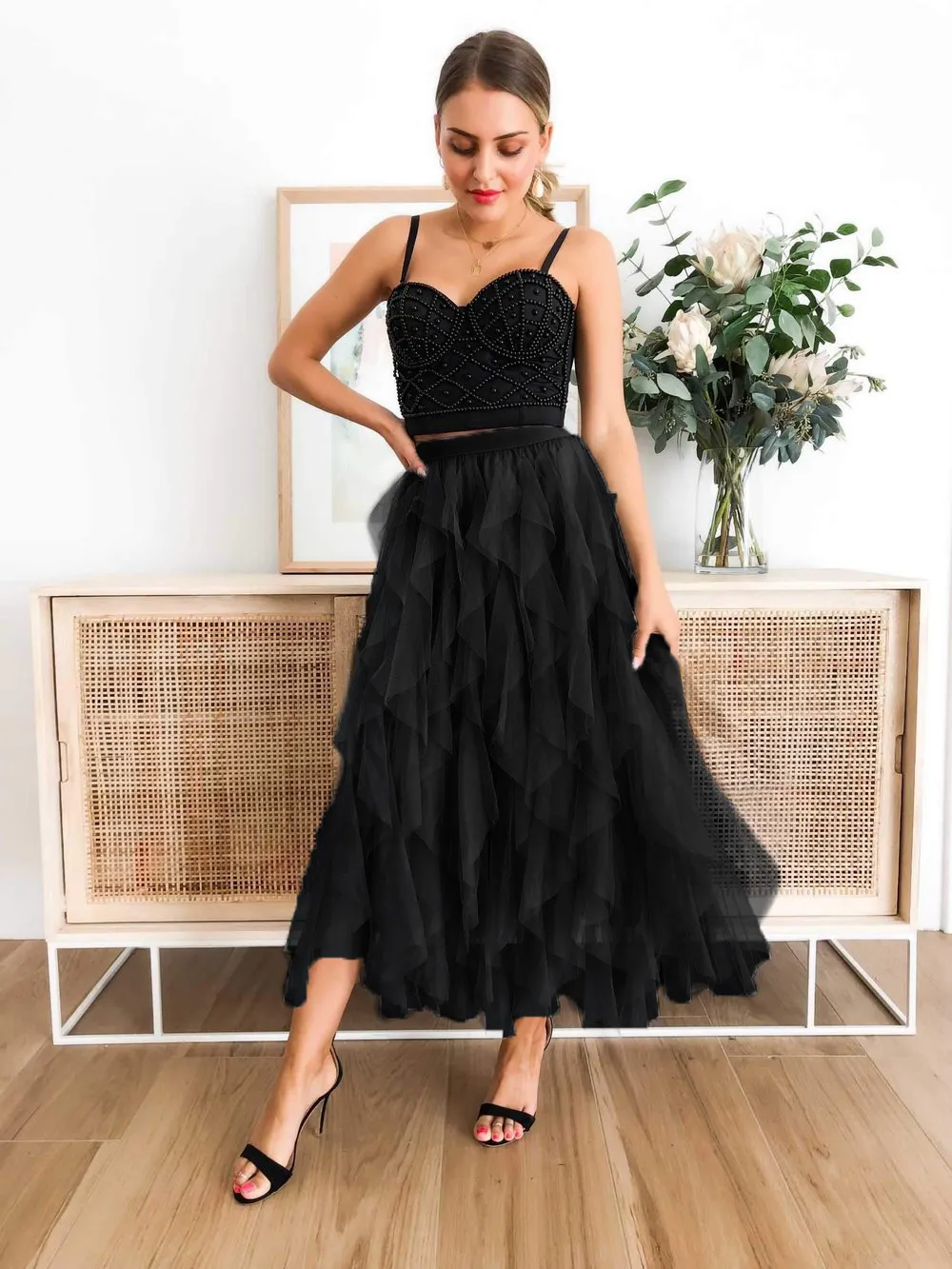 High Waist Maxi Skirt with Layered Mesh Lace