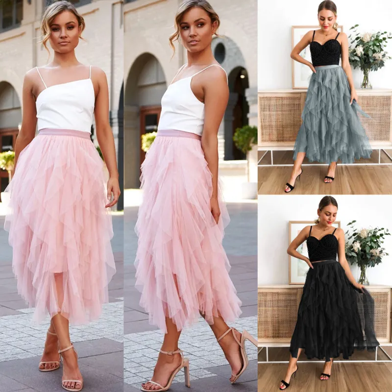 High Waist Maxi Skirt with Layered Mesh Lace