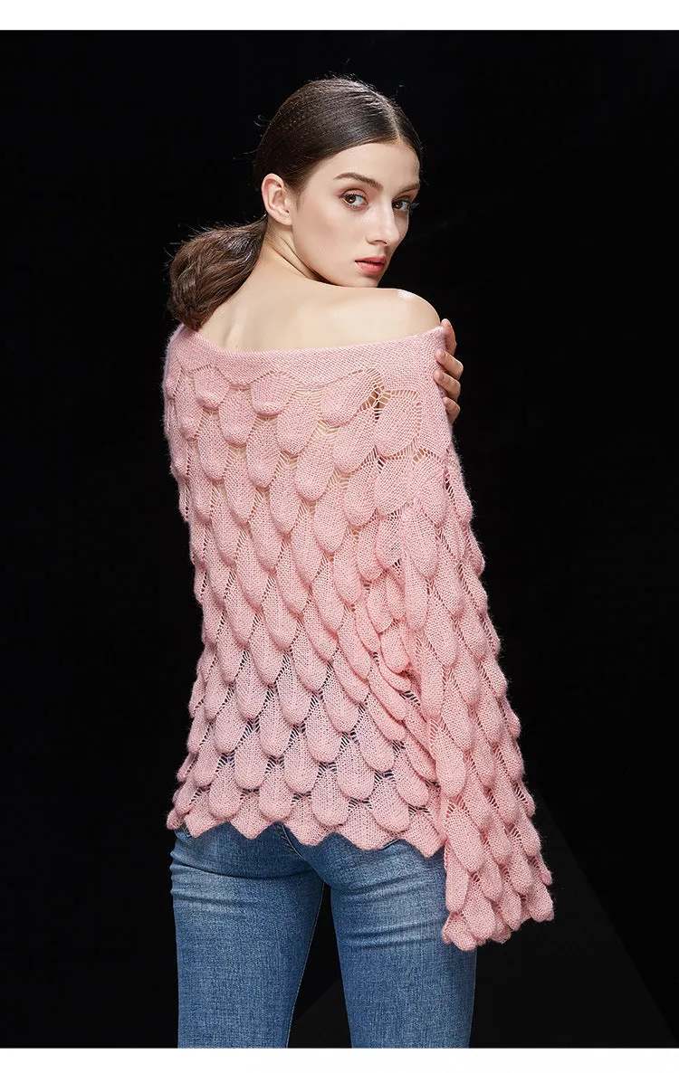 Hollow Leaves Feather Horn Sleeve Knit Off-the-shoulder Sweater