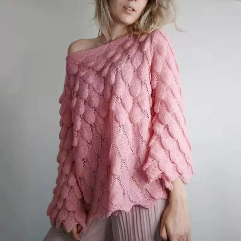 Hollow Leaves Feather Horn Sleeve Knit Off-the-shoulder Sweater