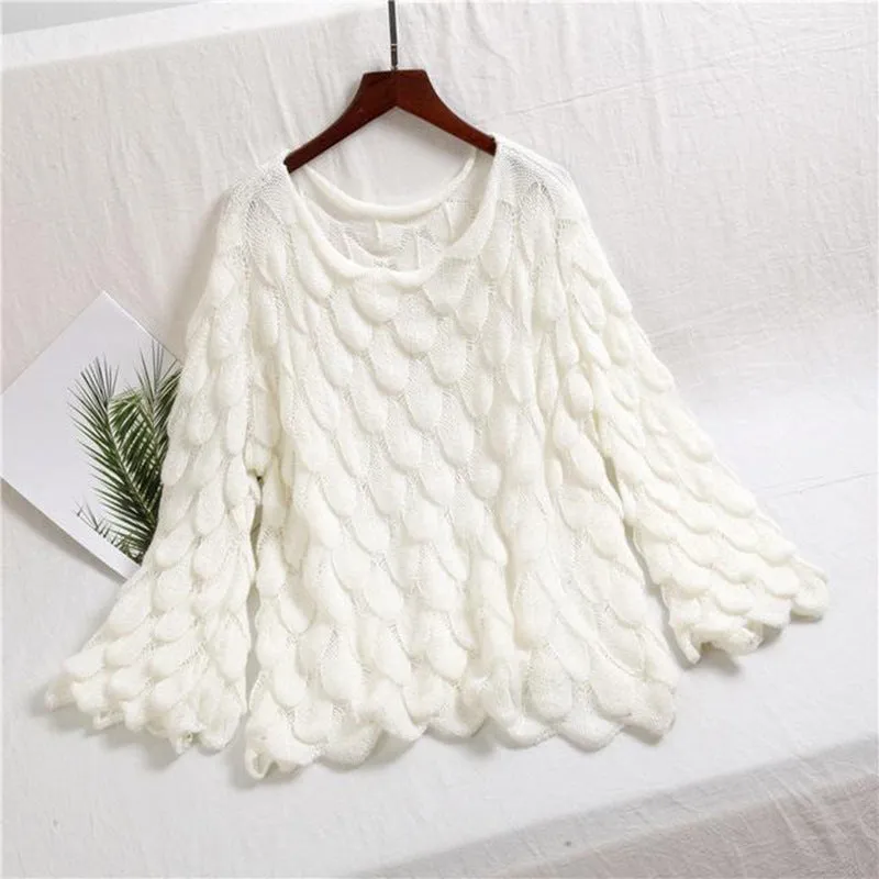 Hollow Leaves Feather Horn Sleeve Knit Off-the-shoulder Sweater