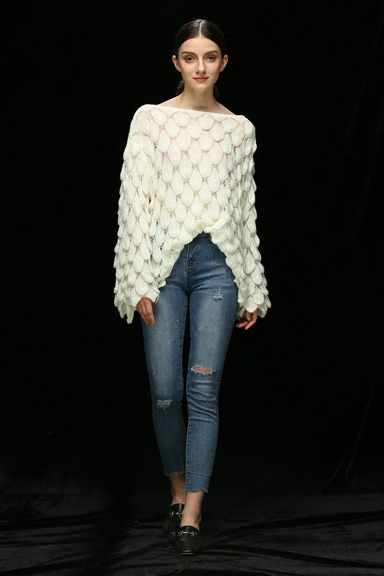 Hollow Leaves Feather Horn Sleeve Knit Off-the-shoulder Sweater