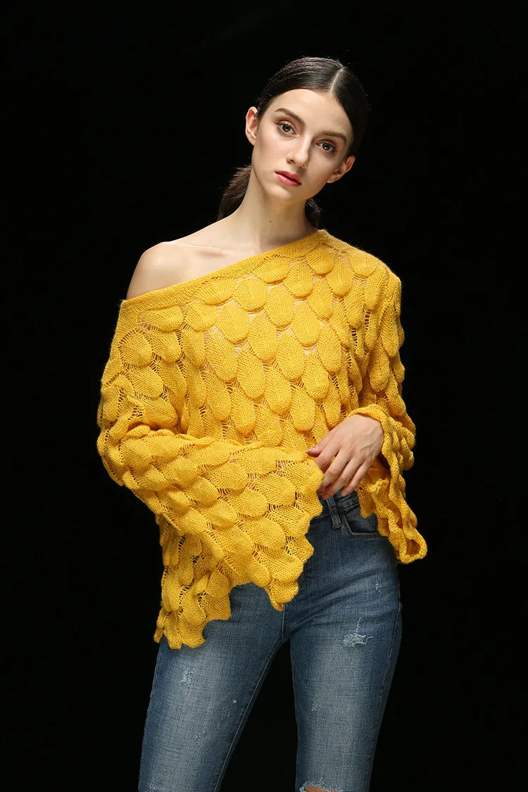 Hollow Leaves Feather Horn Sleeve Knit Off-the-shoulder Sweater