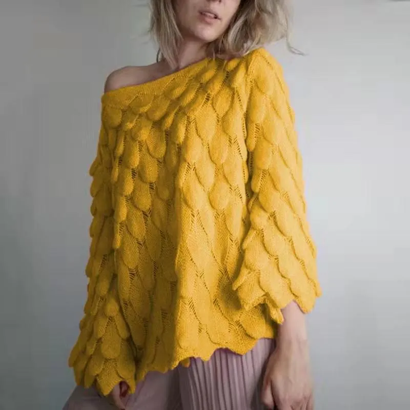 Hollow Leaves Feather Horn Sleeve Knit Off-the-shoulder Sweater