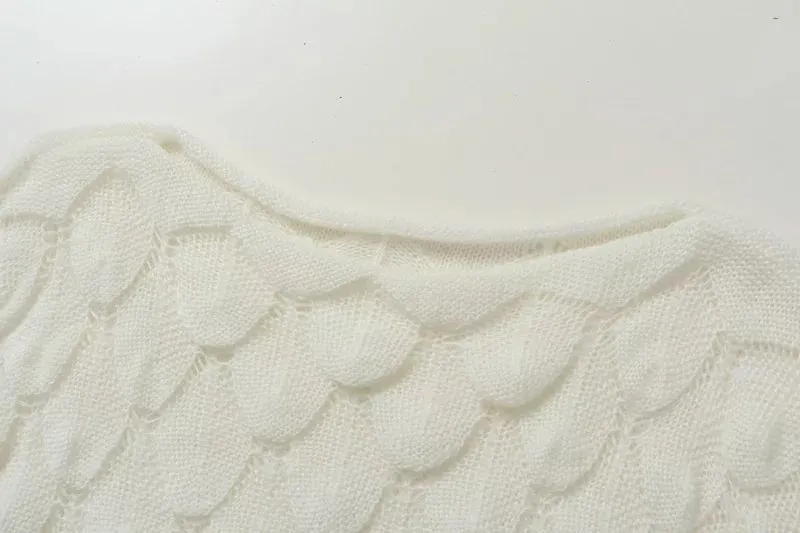 Hollow Leaves Feather Horn Sleeve Knit Off-the-shoulder Sweater