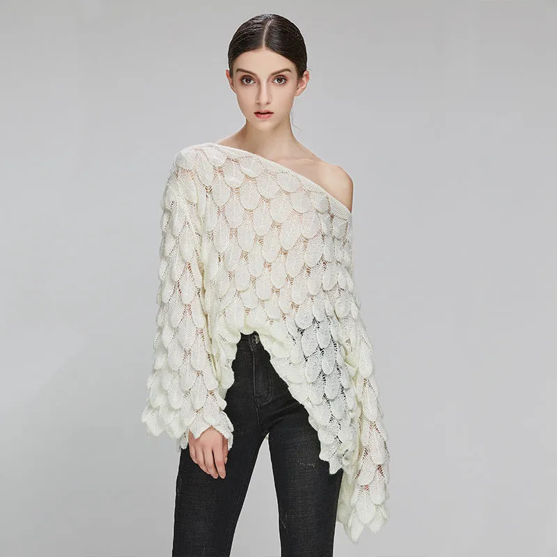 Hollow Leaves Feather Horn Sleeve Knit Off-the-shoulder Sweater