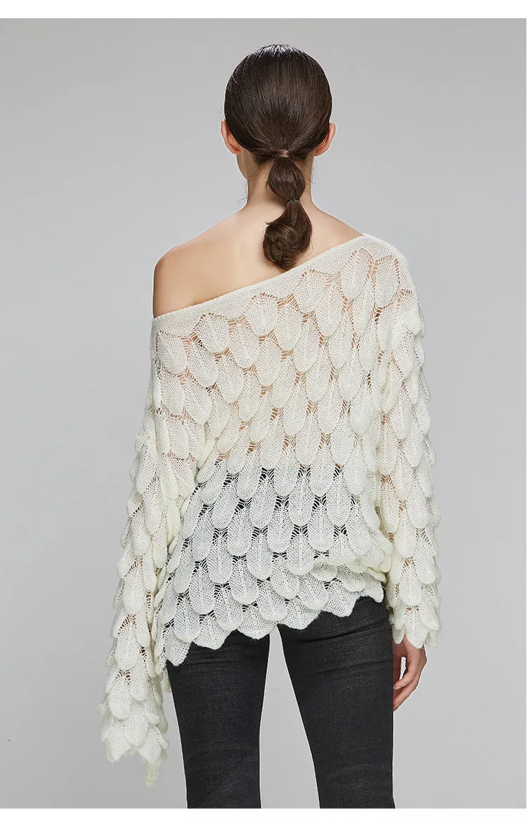 Hollow Leaves Feather Horn Sleeve Knit Off-the-shoulder Sweater