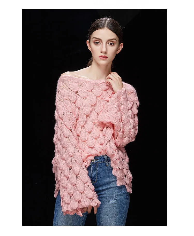 Hollow Leaves Feather Horn Sleeve Knit Off-the-shoulder Sweater
