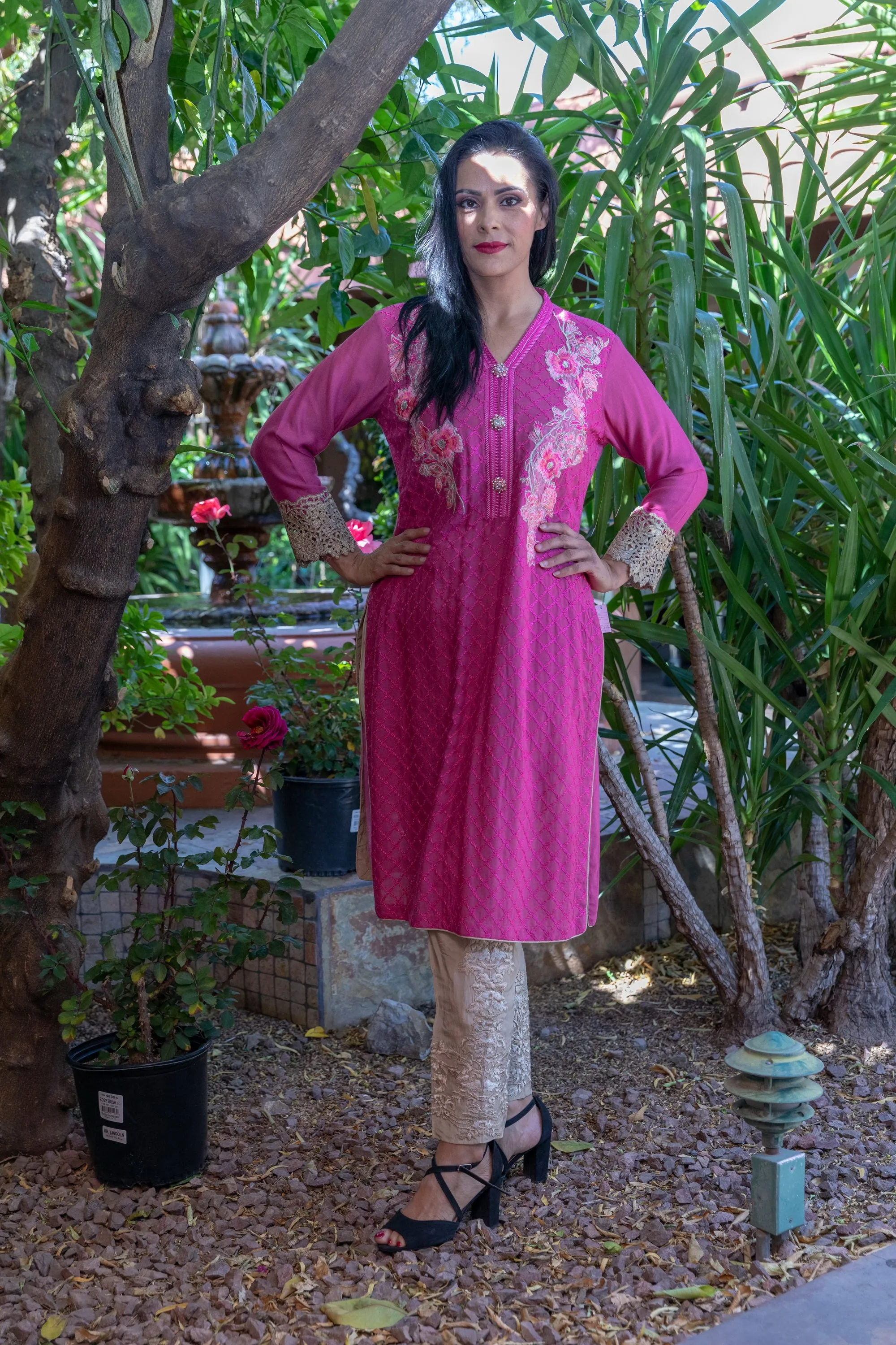 Hot Pink Cotton Silk Salwar Kameez Suit With Embroidery