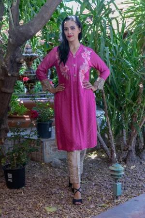 Hot Pink Cotton Silk Salwar Kameez Suit With Embroidery