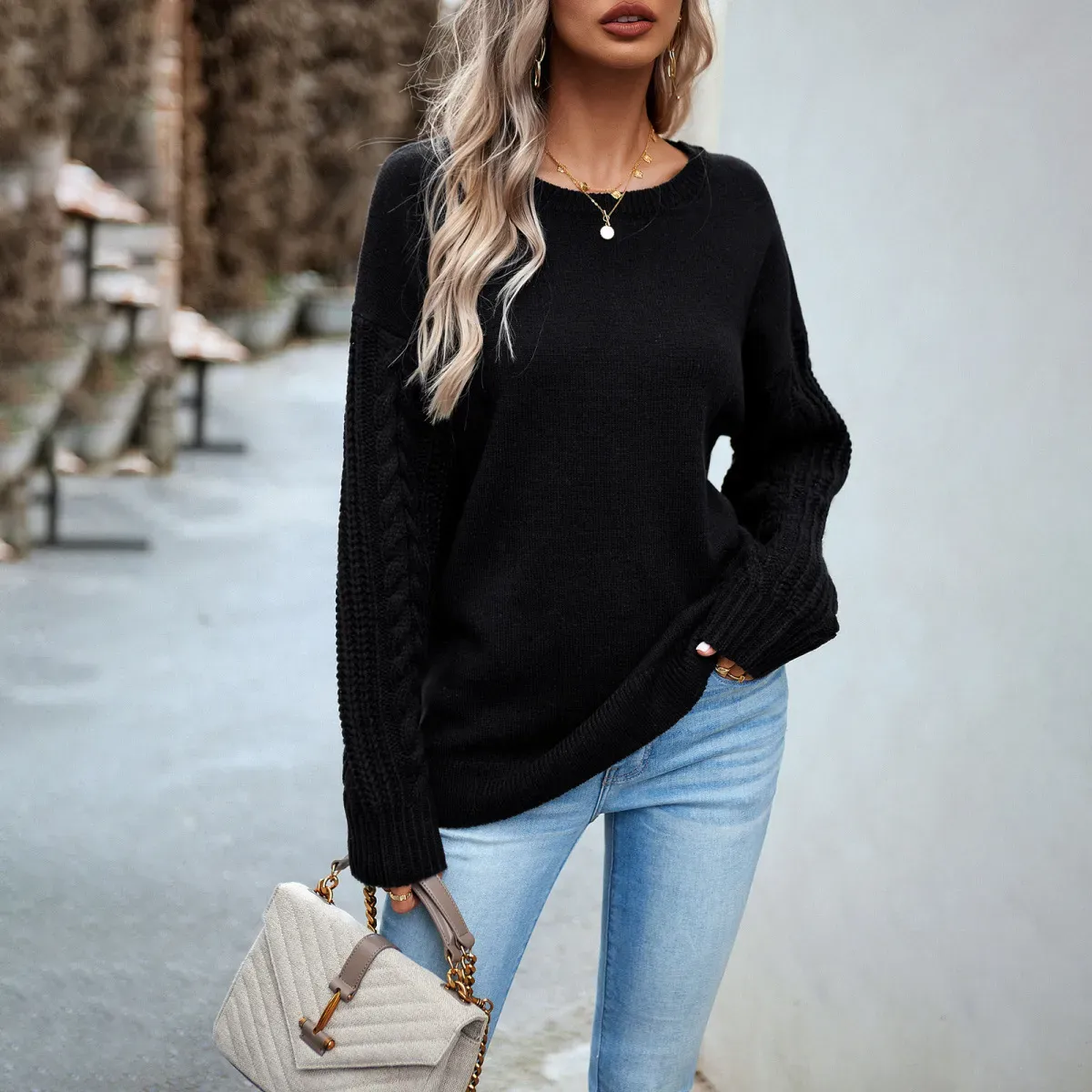 Hotline Cable Knit Long Sleeve Crewneck Sweater