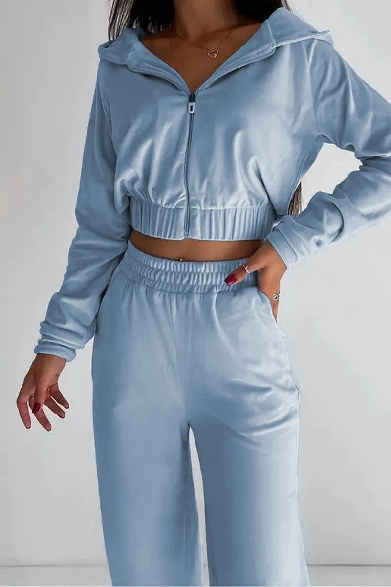 HUR1128 Solid Hooded Top & Pants Set