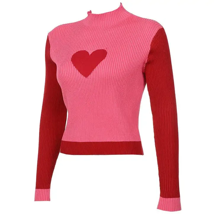 Indie Aesthetic Turtleneck Sweater with Heart Print for Y2K Style