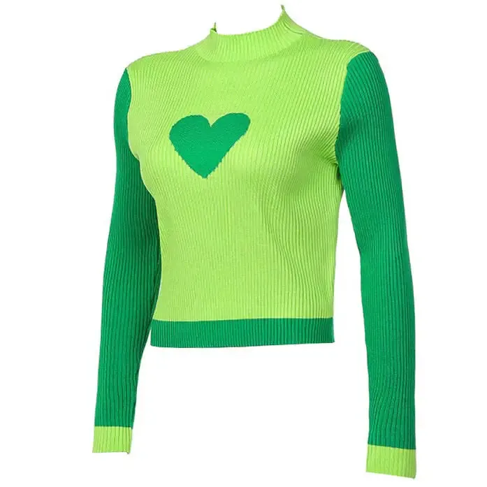 Indie Aesthetic Turtleneck Sweater with Heart Print for Y2K Style