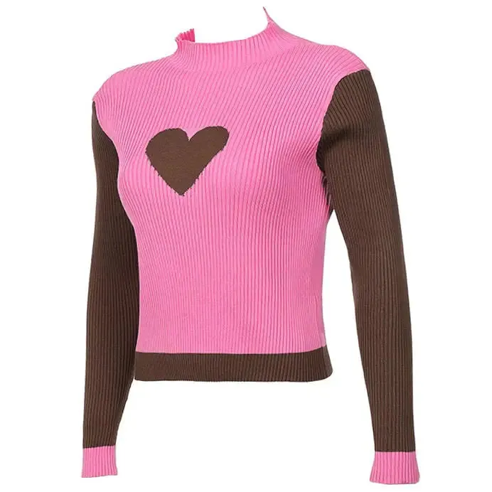 Indie Aesthetic Turtleneck Sweater with Heart Print for Y2K Style
