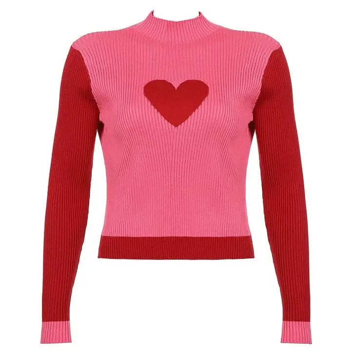 Indie Aesthetic Turtleneck Sweater with Heart Print for Y2K Style