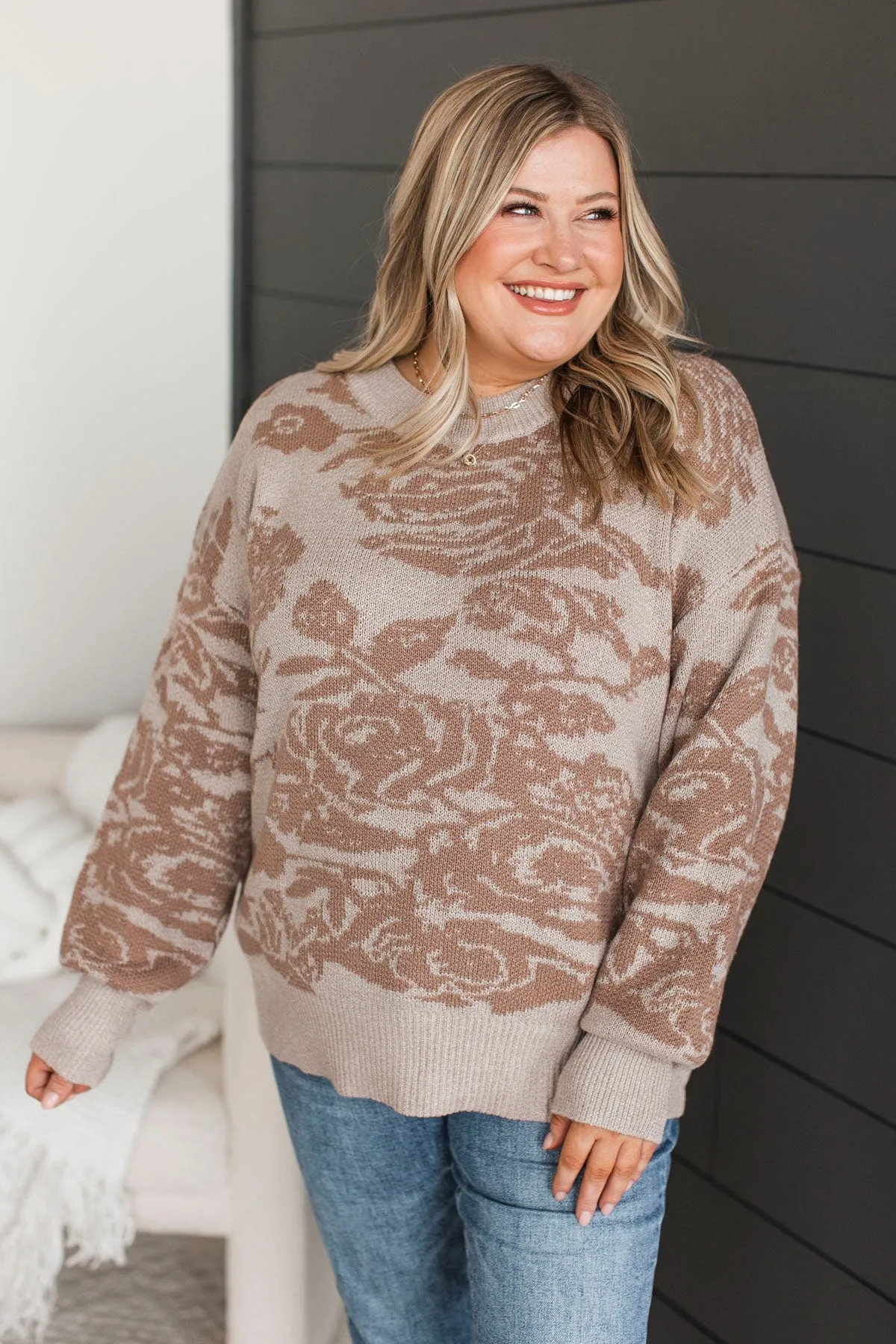 Inspiring Feelings Floral Knit Sweater- Taupe