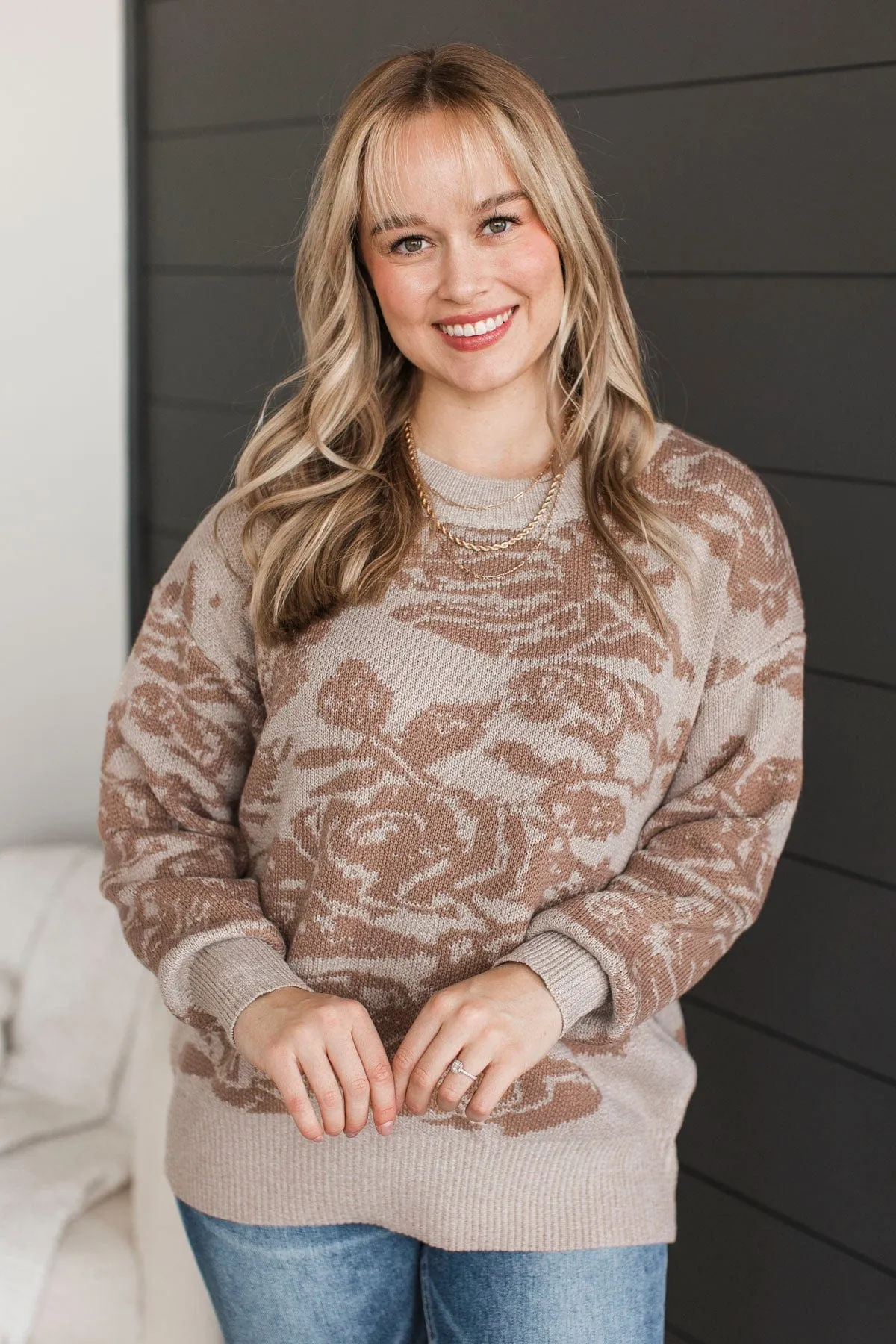Inspiring Feelings Floral Knit Sweater- Taupe