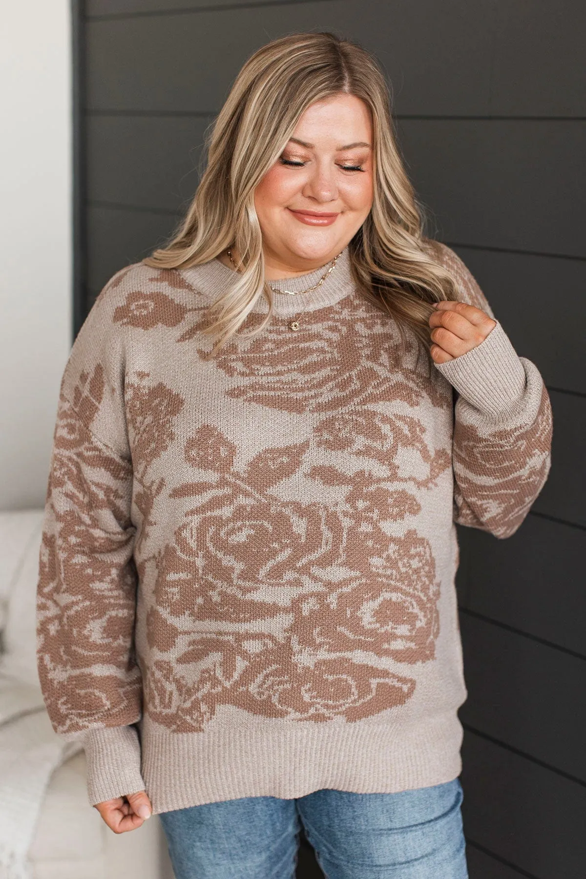 Inspiring Feelings Floral Knit Sweater- Taupe