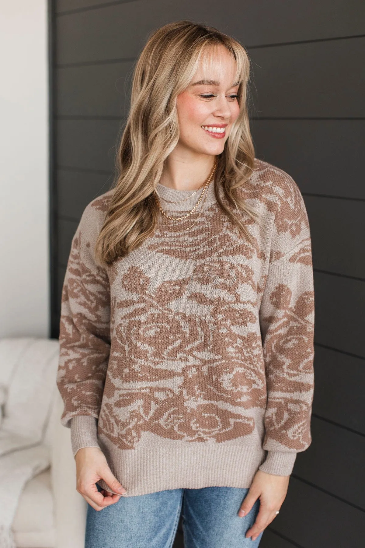 Inspiring Feelings Floral Knit Sweater- Taupe