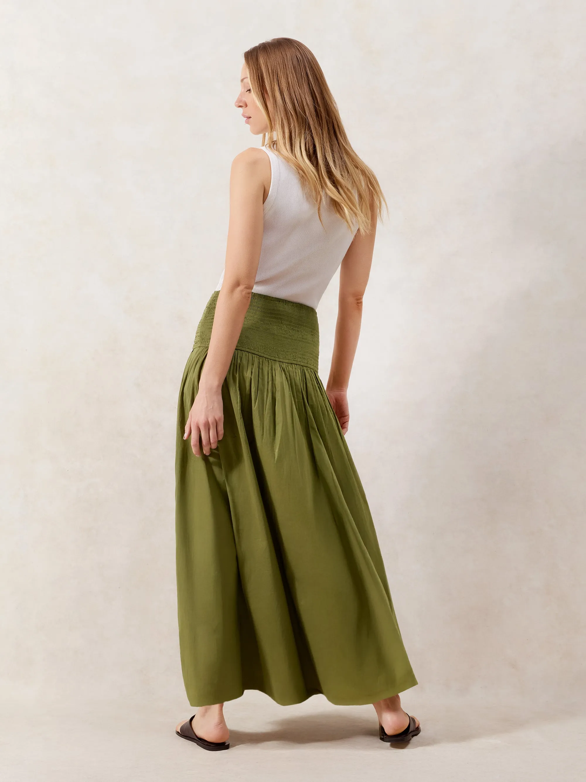 Khaki Ruched-Waist Cotton Maxi Skirt
