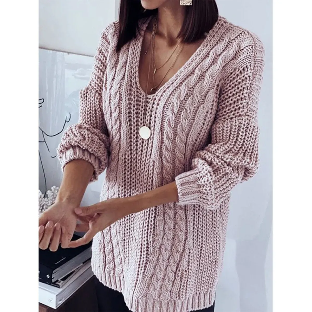 Knit Envy Cable Knit V-Neck Oversized Sweater