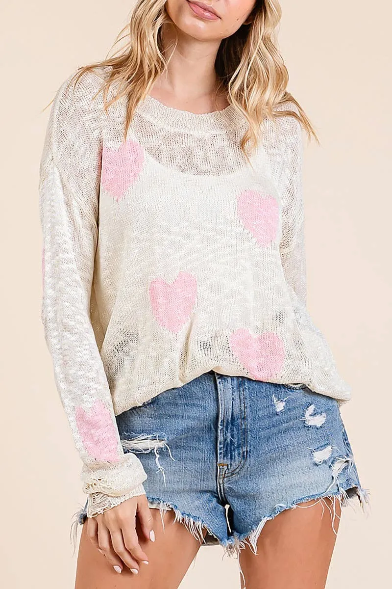 Kori Pink Distressed Heart Light Weight Sweater C5348RE