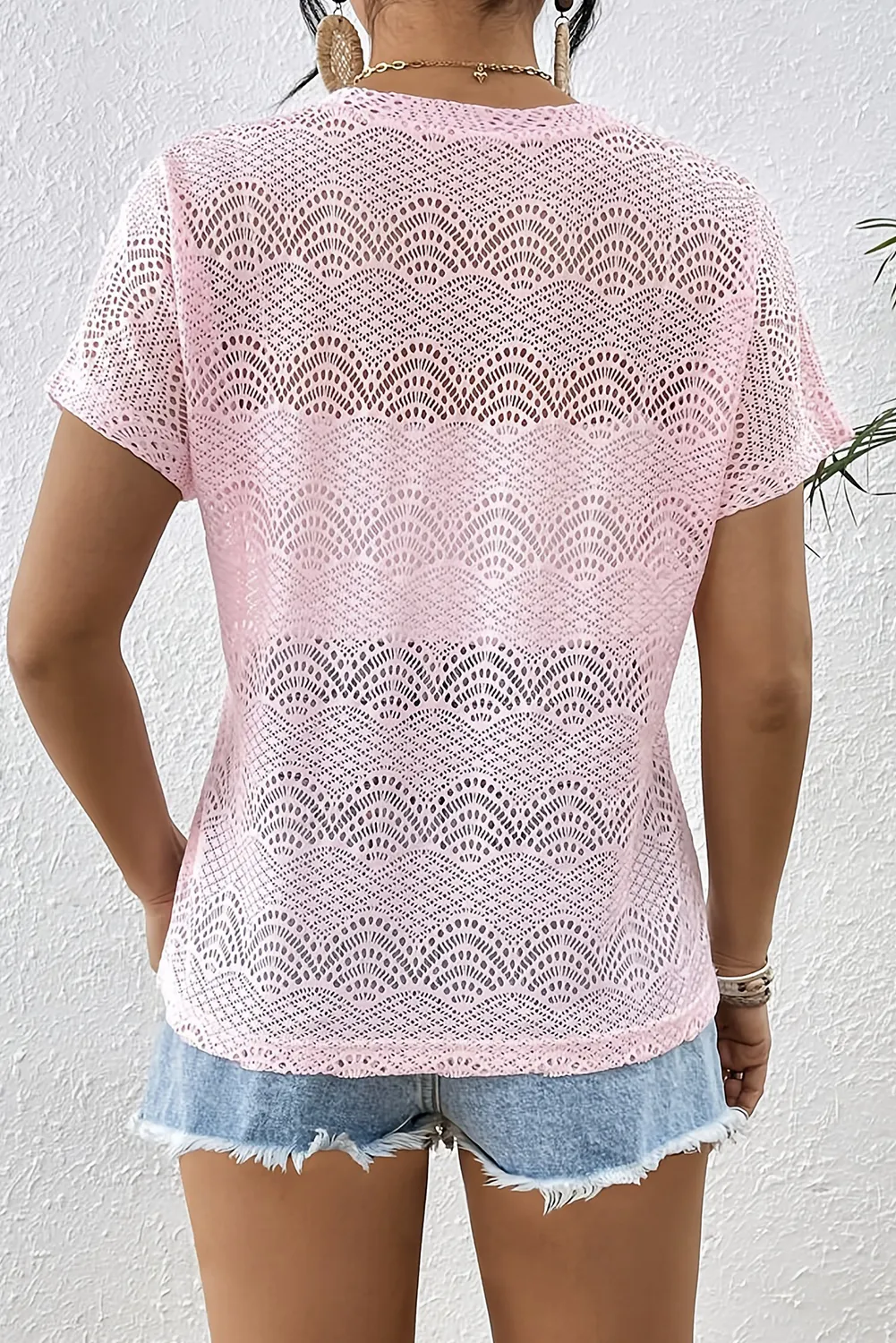 Lace V Neck Hollow Out Short Sleeve Tee