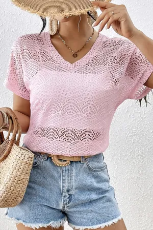 Lace V Neck Hollow Out Short Sleeve Tee