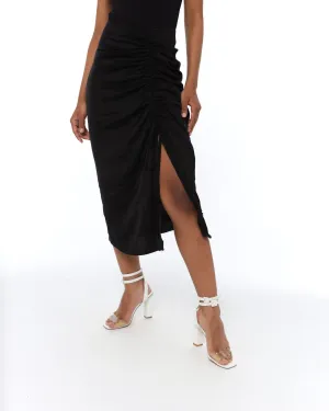 Ladies Plain Satin Rouch Moroccan Skirt - Black