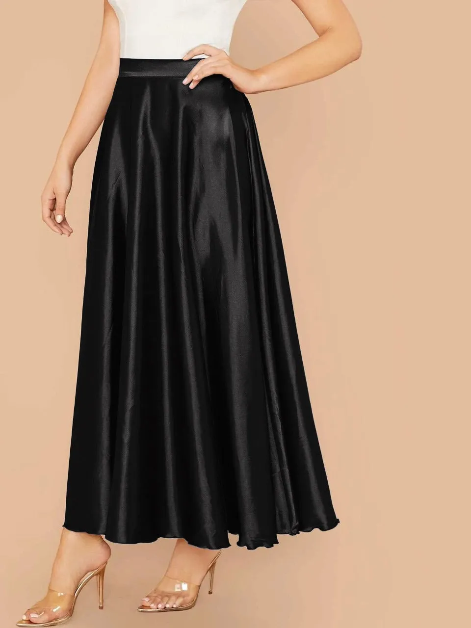 Lettuce Hem Solid Silk Skirt(CLEARANCE SALE