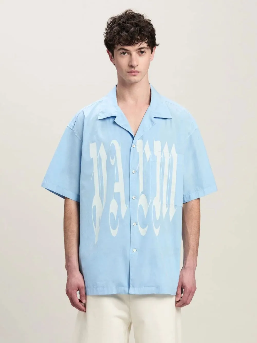 Light Blue Gothic Print Bowling Shirt
