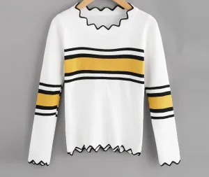 Long Sleeve Colorblock Sweater Women's Wavy Side Knit Sweater